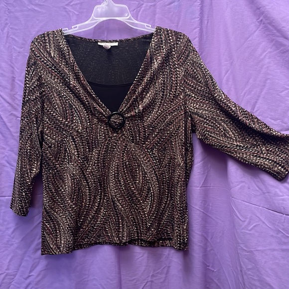EUC JM Collection Brown Knot-Front 3/4 Sleeve Blouse w/ Modesty Panel, Sz 2x - Picture 4 of 6